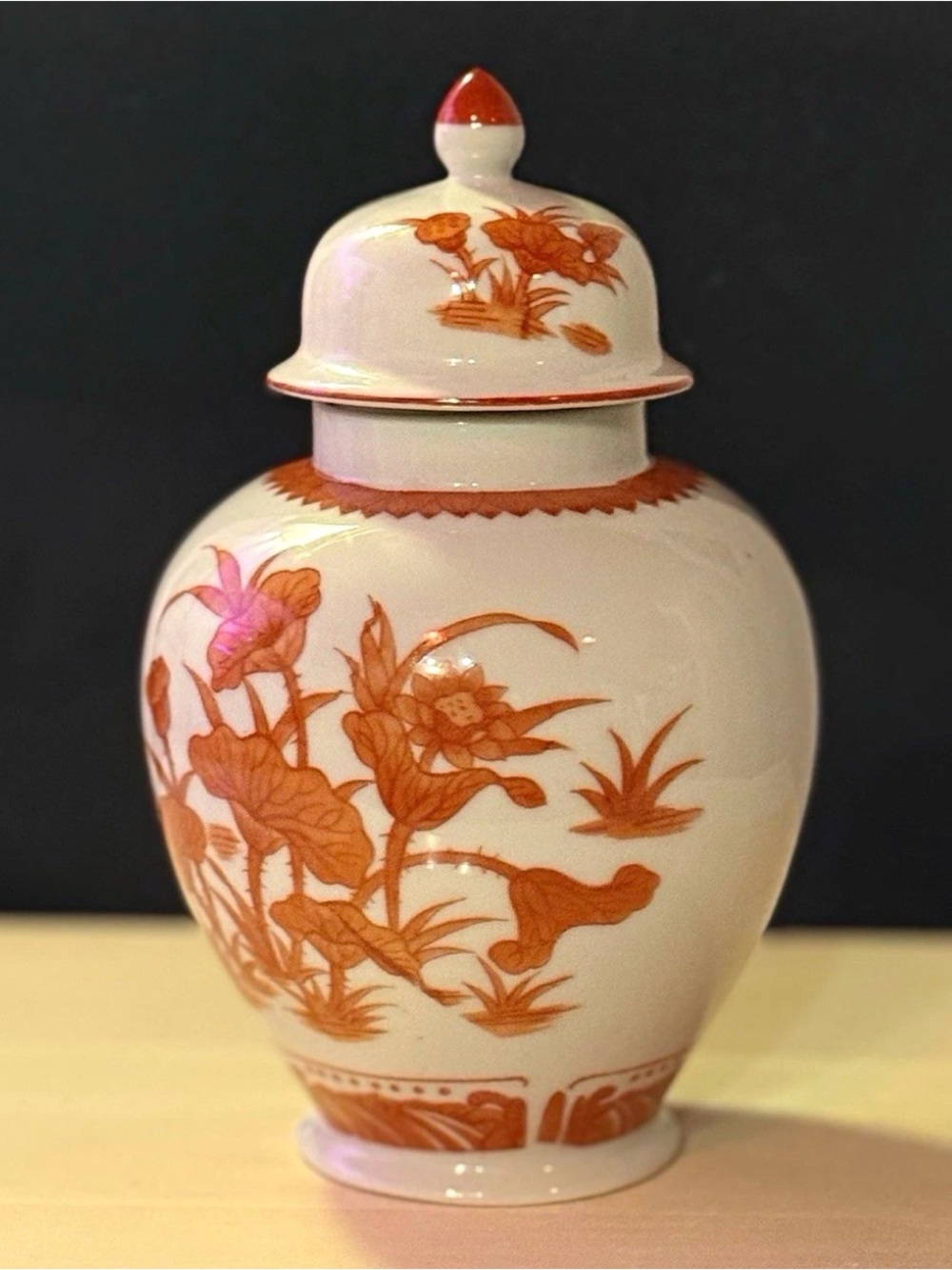 Vintage Seymour Mann Chinese Lotus Ginger Jar Orange White Chinoiserie 8"